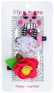 Crazy Kitty & Flower Hair Clips- Pink and Yellow