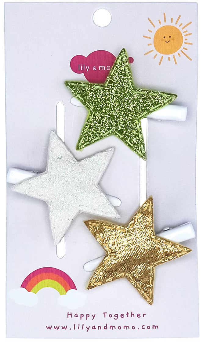 See The Stars Trio Hair Clips- Gold and Glitter Green