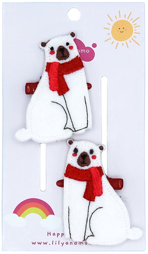 Friendly Polar Bear Hair Clips- Snowy White and Red