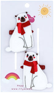 Friendly Polar Bear Hair Clips- Snowy White and Red