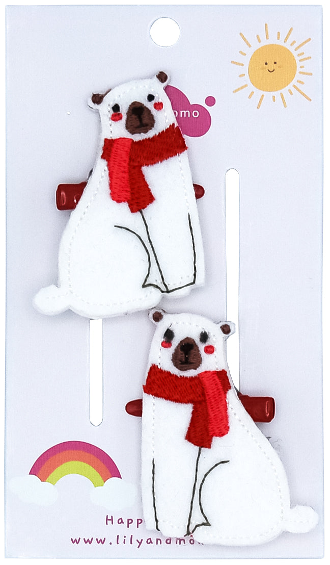 Friendly Polar Bear Hair Clips- Snowy White and Red