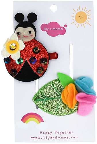 Lovely Ladybug and Glitter Leaf Hair Clips- Red and Green