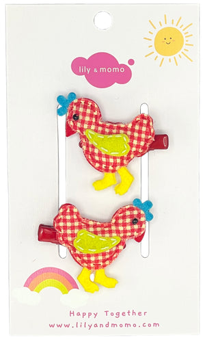 Little Farm Chicks Hair Clips- Gingham Red and White