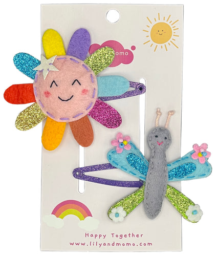 Rainbow Sun and Butterfly Kids Hair Clip- Multi