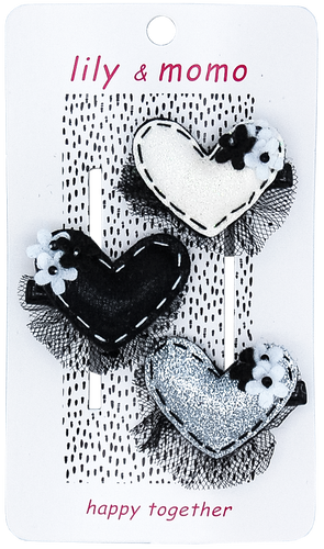 Black Tulle Hearts Hair Clips- Black and White