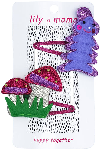 Caterpillar & Mushroom Hair Clips- Purple and Pink