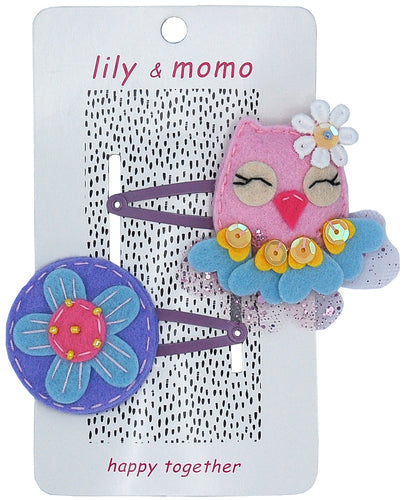 Flower Owl Hair Clips- Pink and Purple